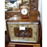 A 1930'S WALNUT CASED ART DECO STYLE MANTEL CLOCK with Westminster chime and a Veglia brass cased