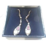 A PAIR OF RUBY, DIAMOND AND CULTURED PEARL DROP EARRINGS, with fishhook fasteners