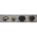 FOUR DRESS RINGS, to include a diamond cluster ring on an 18ct gold shank, ring size K