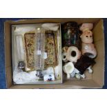 A TARTAN WARE MONEY BOX, bisque doll's heads, a Vintage handbag and sundries