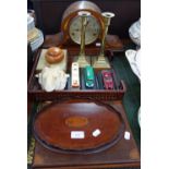 A MINIATURE EDWARDIAN OVAL TRAY with shell inlay, a similar blotter, mantel clock and sundries