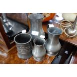 THREE BALUSTER SHAPED JERSEY PEWTER MEASURES, graduated and a mug engraved "W Morgan Perseverance in