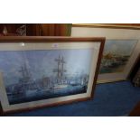 GRENVILLE COTTINGHAM: A harbour scene, watercolour and a print after E D Walker of Weymouth Harbour