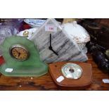 A SMALL ART DECO STYLE EBONY CASED MANTEL CLOCK and other clocks and barometers