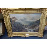 LANDSCAPE WITH BRIDGE AND MOUNTAINS, 19th Century, in a moulded and gilt frame