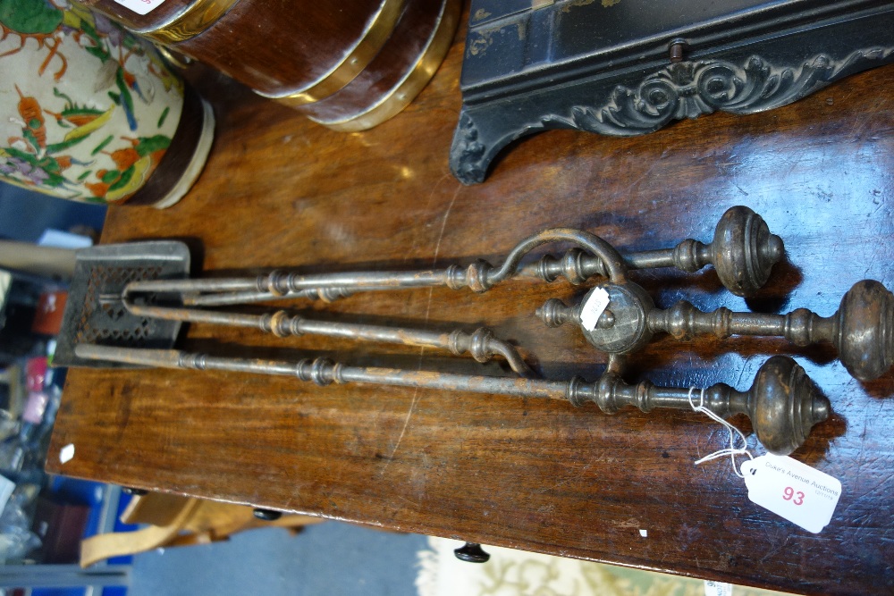 A SET OF 19TH CENTURY STEEL FIRE TOOLS