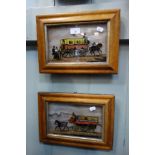 A PAIR OF 19TH CENTURY STYLE REVERSE PAINTED GLASS SHADOW PICTURES depicting coaching scenes in