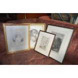 AN 18TH CENTURY ROAD MAP; CROYDON TO EAST GRINSTEAD, a pair of gilt framed portrait engravings and a