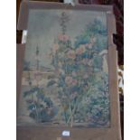 H G GRAY; HOLLYHOCKS, WATERCOLOUR (unframed, examine) backed with a view of Jerusalem
