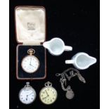 A TRIVOLI POCKET WATCH, with others similar and a pair of armorial jugs