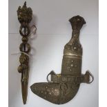 AN INDIAN? WHITE METAL COVERED KNIFE (examine) and an Asian cast brass implement (2)