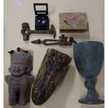 A SMALL CROCODILE HEAD, a tribal figure and sundries