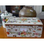 A RECTANGULAR CHINESE PORCELAIN BOX AND COVER decorated with fruit, birds and flowers, a similar cup