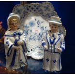 A BLUE AND WHITE DRESDEN DISH with pierced decoration, 22.5cm dia. and a pair of Edwardian ceramic