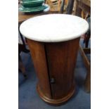 A VICTORIAN CIRCULAR MAHOGANY POT CUPBOARD with a white marble top