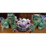 A PAIR OF CHINESE TEMPLE LIONS, another smaller pair and Imari ceramics