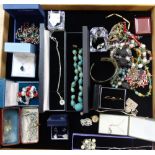 A LARGE COLLECTION OF COSTUME JEWELLERY, including a silver and blue gemstone necklace an other