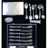 SILVER CIGARETTE BOX, a collection of silver flatware and collectables (c.2.7oz)