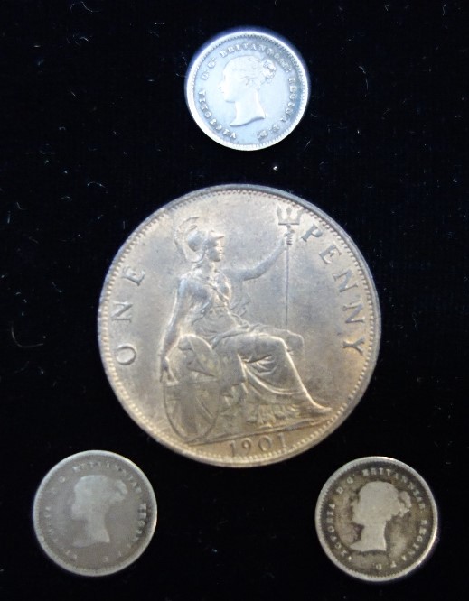 THREE VICTORIAN SILVER 'MAUNDY MONEY' COINS and a Victorian high grade penny (4)