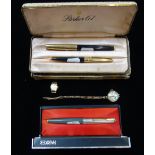 A COLLECTION OF VINTAGE PARKER PENS and two Vintage ladies wrist watches