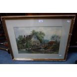 A NAIVE 19TH CENTURY WATERCOLOUR OF A WATERMILL, initialled "J F" dated 1883