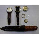 A VINTAGE HUNTING KNIFE, the blade stamped Gallus, with a carved wooden handle and a collection of
