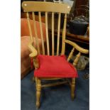 A VICTORIAN STYLE BEECH LATH BACK KITCHEN ARMCHAIR, 67cm wide