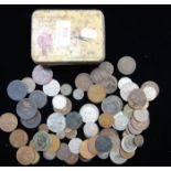 A COLLECTION OF PRE-DECIMAL AND SIMILAR COINS contained in an old tobacco tin