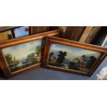 A PAIR OF VICTORIAN REVERSE GLASS PAINTINGS OF RURAL SCENES, in original maple frames