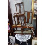 A LONG FOOT STOOL, a garden table and three garden chairs