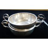 PAIR OF SILVER CONDIMENT DISHES, with twin scroll handles, 12cm dia (no liners) (c.3.7oz) (2)