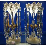 A PAIR OF VICTORIAN GLASS LUSTRES with frosted opaque and gilt decorated glass, note some lustres