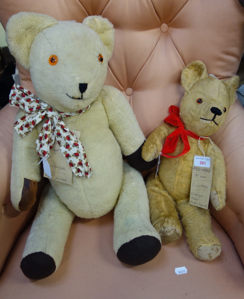 A VINTAGE PEDIGREE 18" MOHAIR TEDDY BEAR with jointed limbs and a similar 1950s/60s fully jointed