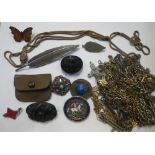 A COLLECTION OF COSTUME JEWELLERY, including unmarked yellow mental chains and others similar