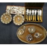 A PAIR OF SILVER PLATED BOTTLE COASTERS and similar plated wares to include cutlery