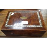 A 19TH CENTURY BURRWOOD BOX inlaid with abalone shell and brass