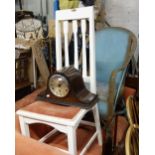 A LLOYD LOOM CHAIR, an Arts & Crafts chair, an oak cake stand and a mantle clock