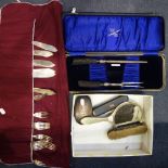 A COLLECTION OF SILVER PLATED FISH KNIVES AND FORKS, a part carving set and sundries