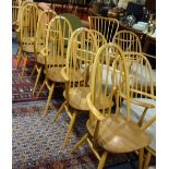 ERCOL; A SET OF SIX PALE BEECH AND ELM STICK BACK ARMCHAIRS