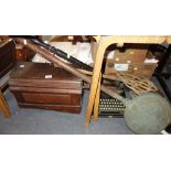 AN EDWARDIAN SEWING MACHINE, typewriter, warming pans and a carpet beater