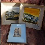 A 19TH CENTURY WATERCOLOUR OF OLD HOUSES IN EDINBURGH and oil on board landscapes signed "