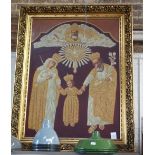A LARGE OIL ON CANVAS RUSSIAN STYLE PAINTING of the Holy Family with the Dove of the Holy Spirit and