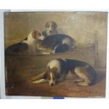 HOUNDS RESTING IN A BARN, oil on mahogany panel (unframed), indistinctly monogrammed "ESR"