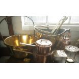 A BRASS PRESERVING PAN, a coal scuttle, two copper saucepans and other items of metalware
