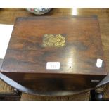 A 19TH CENTURY ROSEWOOD AND BRASS INLAID DRESSING BOX with fitted interior (with some contents),