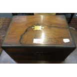 A 19TH CENTURY ROSEWOOD AND BRASS INLAID DRESSING BOX with fitted interior