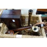 A 19TH CENTURY TURNED SYCAMORE BOX, a rosewood and brass inlaid box, an 18th Century candlestick,