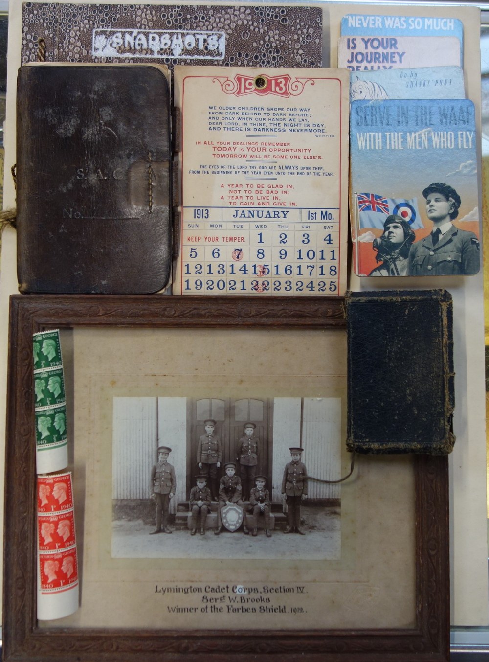 A 1912 FRAMED PHOTO OF THE 'LYMINGTON CADET CORPS' a 1913 calendar and sundries