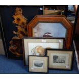 A COLLECTION OF PICTURES, PRINTS AND A FRAMED SLICE OF BURRWOOD