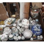 A LARGE VICTORIAN OPALINE GLASS VASE with metal mounts and a collection of decorative ceramics